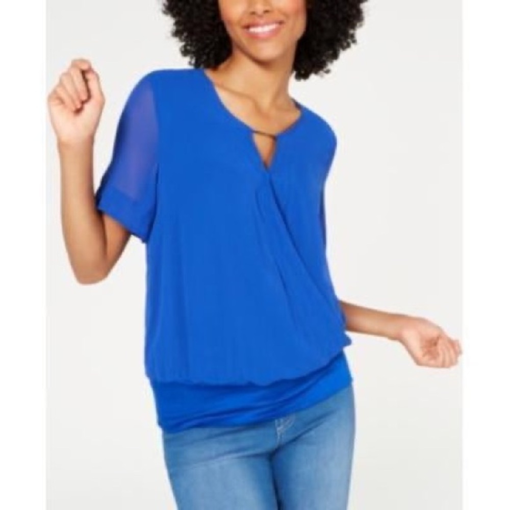 Thalia Sodi Royal Blue Short Sleeve Keyhole Top - NWT - Size Large!
